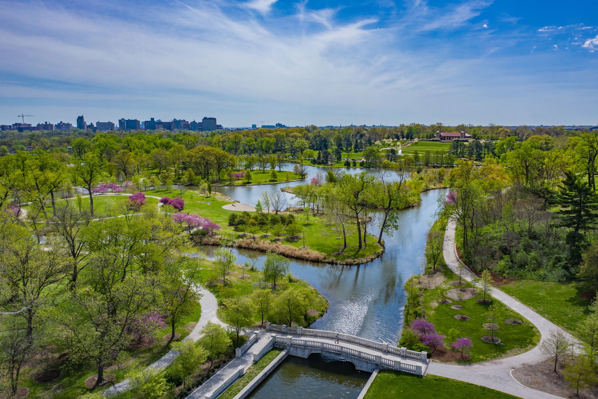 Landscaping, greenery and waterways from the Grand Basin at Forest Park in St. Louis, restored by HOK.