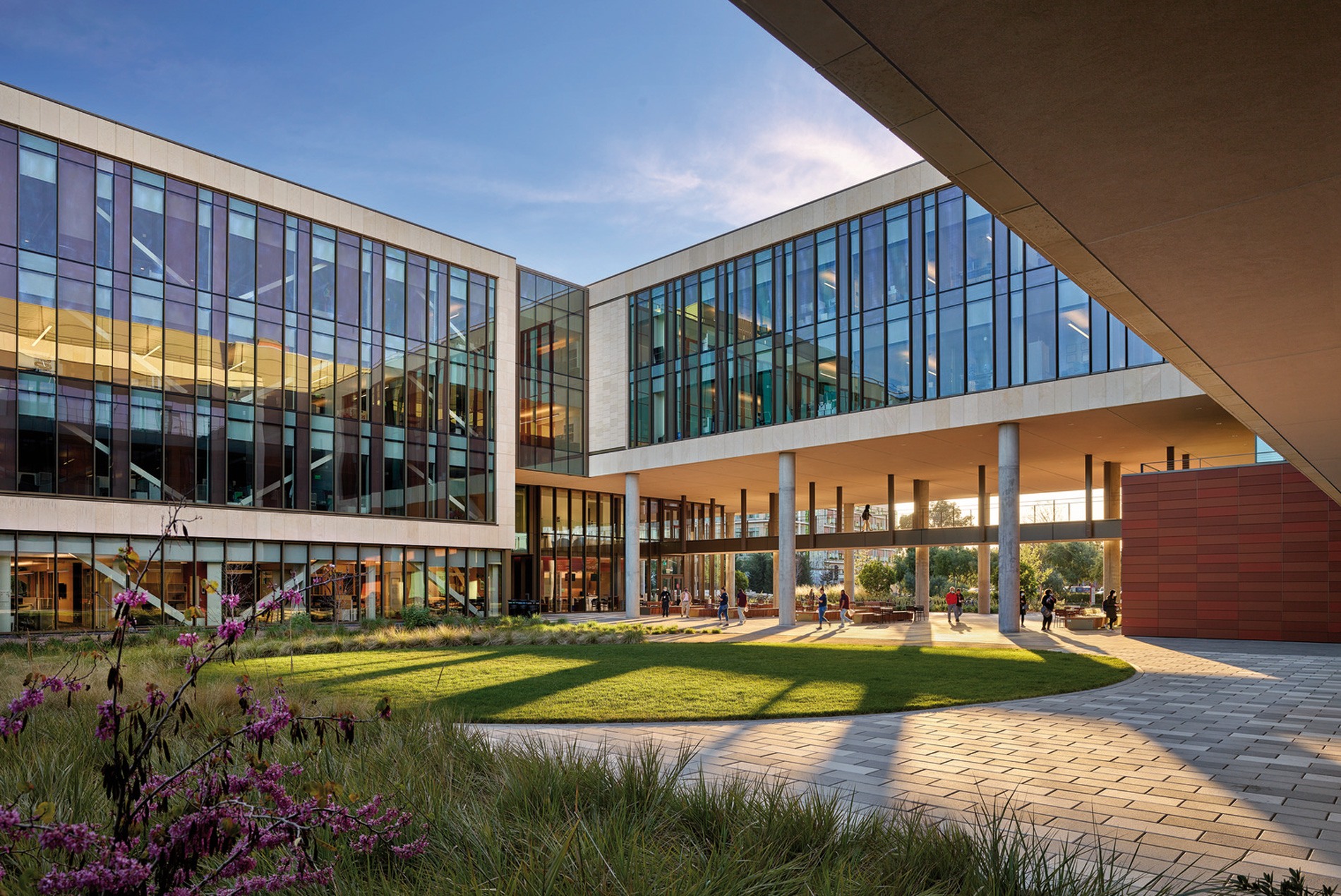 Exterior daylit view of native landscape at the Stanford University School of Medicine Center for Academic Medicine, designed by HOK.