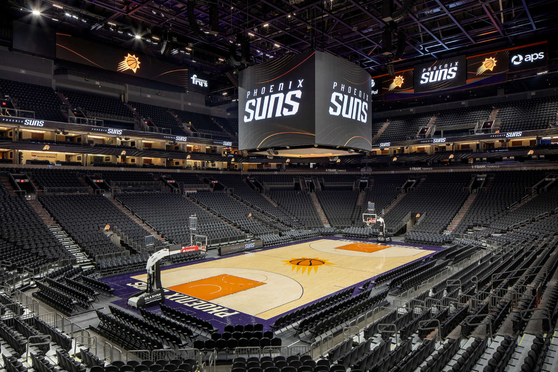 Seating bowl and basketball court at the HOK-designed modernization of Mortgage Matchup Center, home to the Phoenix Suns