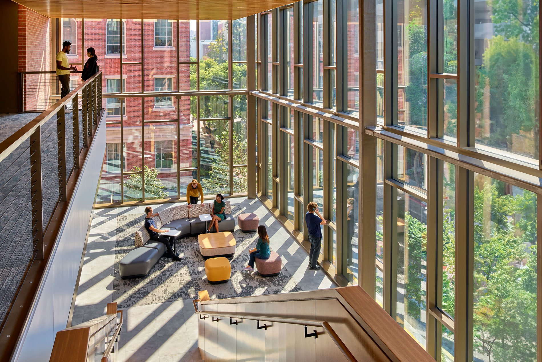 Floor-to-ceiling window and lounge seating at the USC Viterbi School of Engineering Dr. Allen and Charlotte Ginsburg Human-Centered Computation Hall