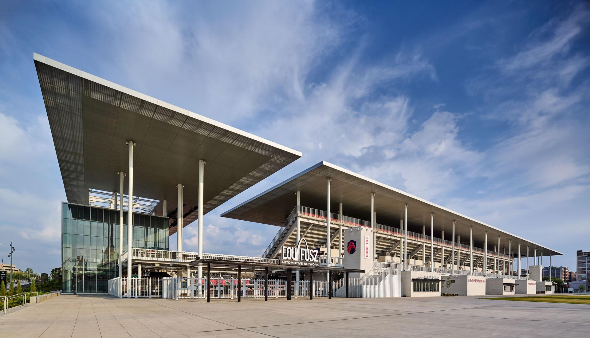 Exterior image of Energizer Park in St. Louis showcasing roofline.