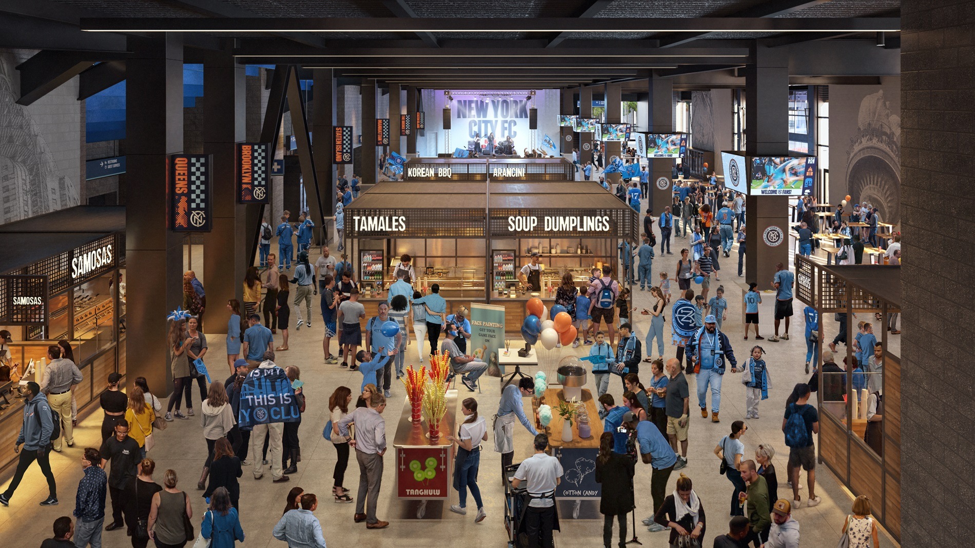 Rendering of the City Square concessions in the HOK-designed Etihad Park, home of the New York City Football Club.