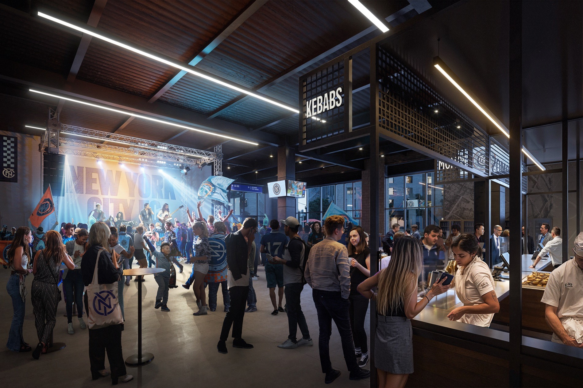 Rendering of the City Square concessions in the HOK-designed Etihad Park, home of the New York City Football Club.