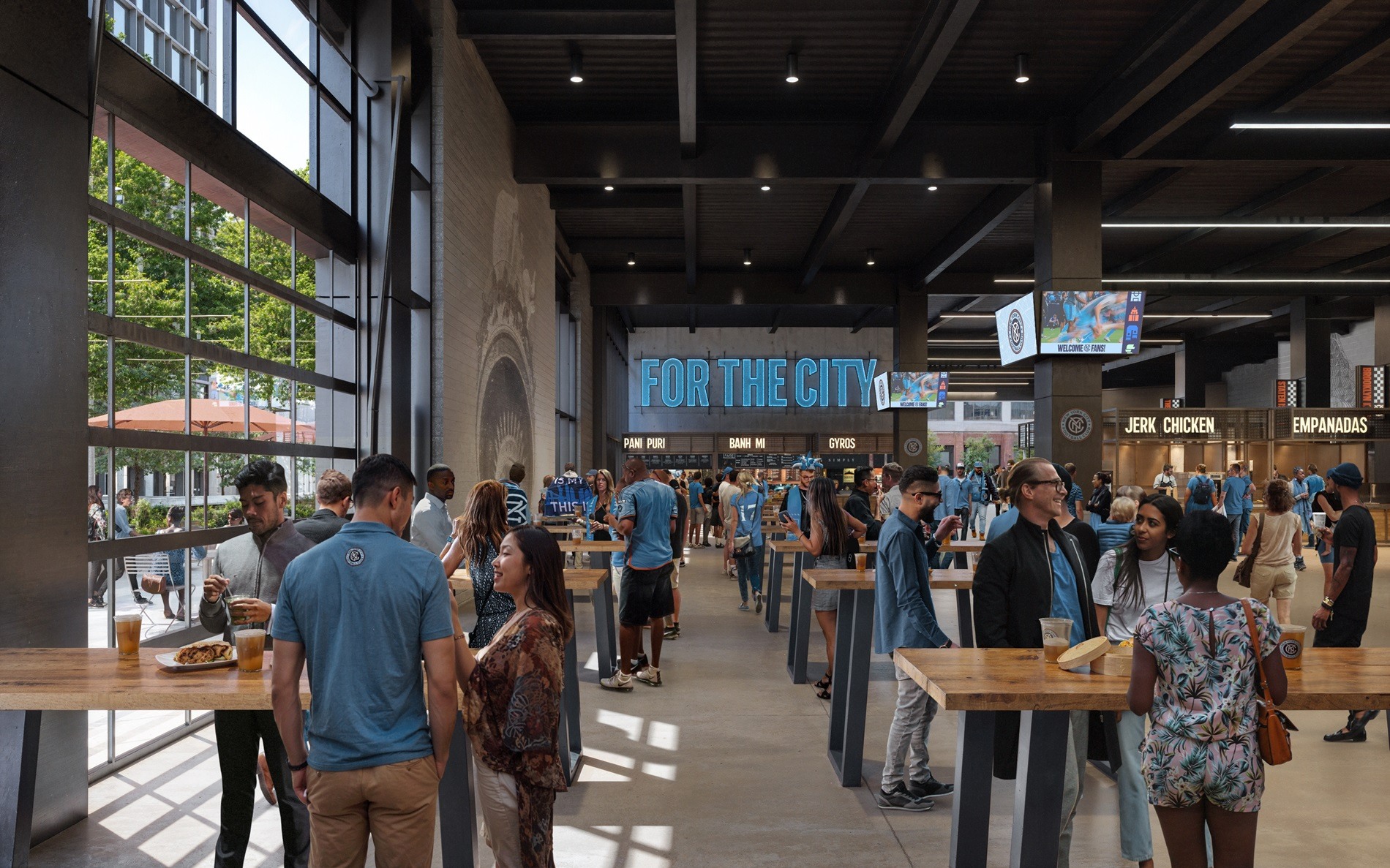 Rendering of the City Square concessions in the HOK-designed Etihad Park, home of the New York City Football Club.