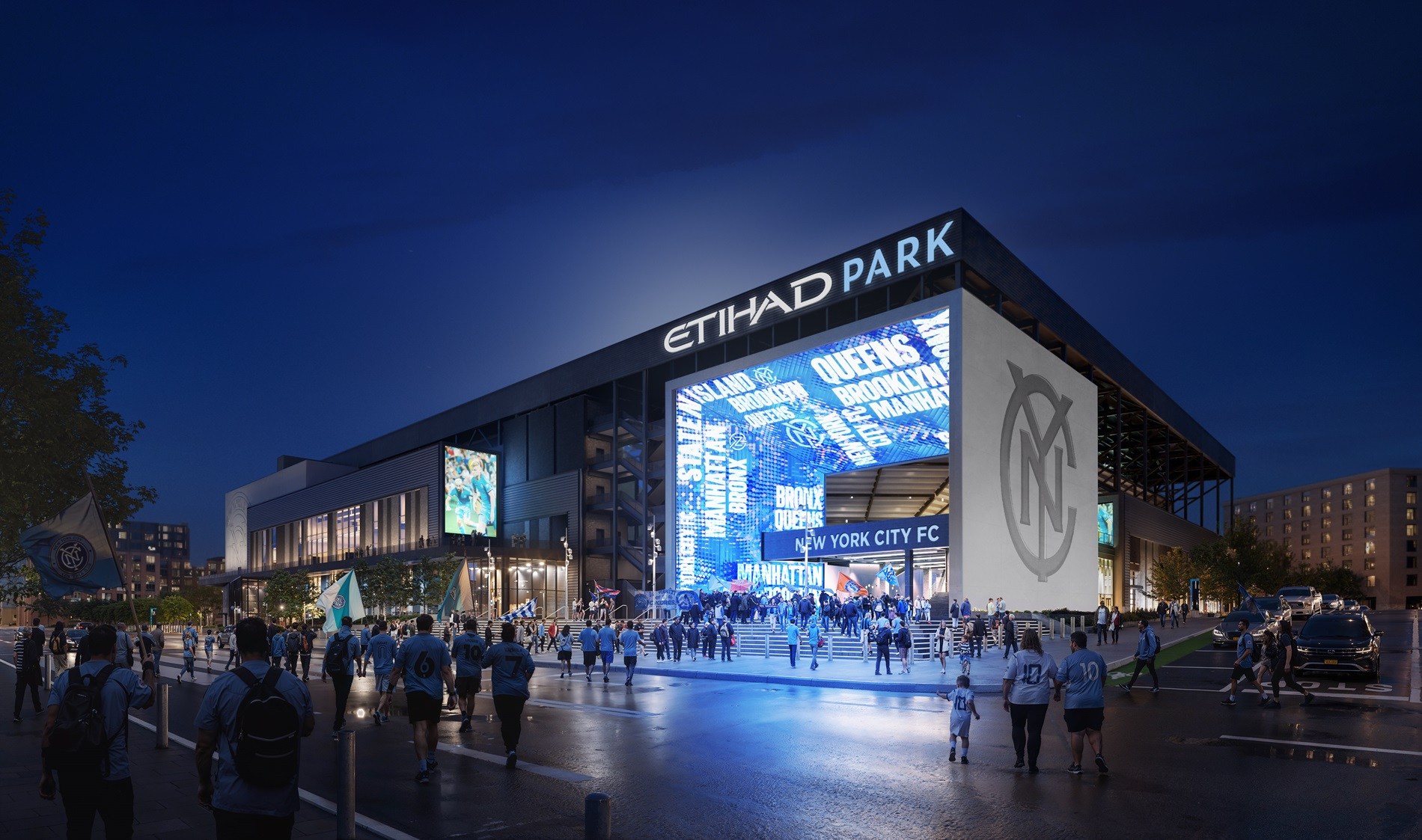 Rendering of the Cube entrance in the HOK-designed Etihad Park, home of the New York City Football Club.