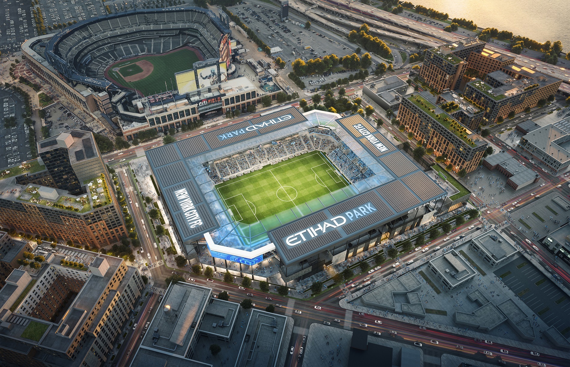 Aerial rendering of the HOK-designed Etihad Park, future home of the New York City Football Club
