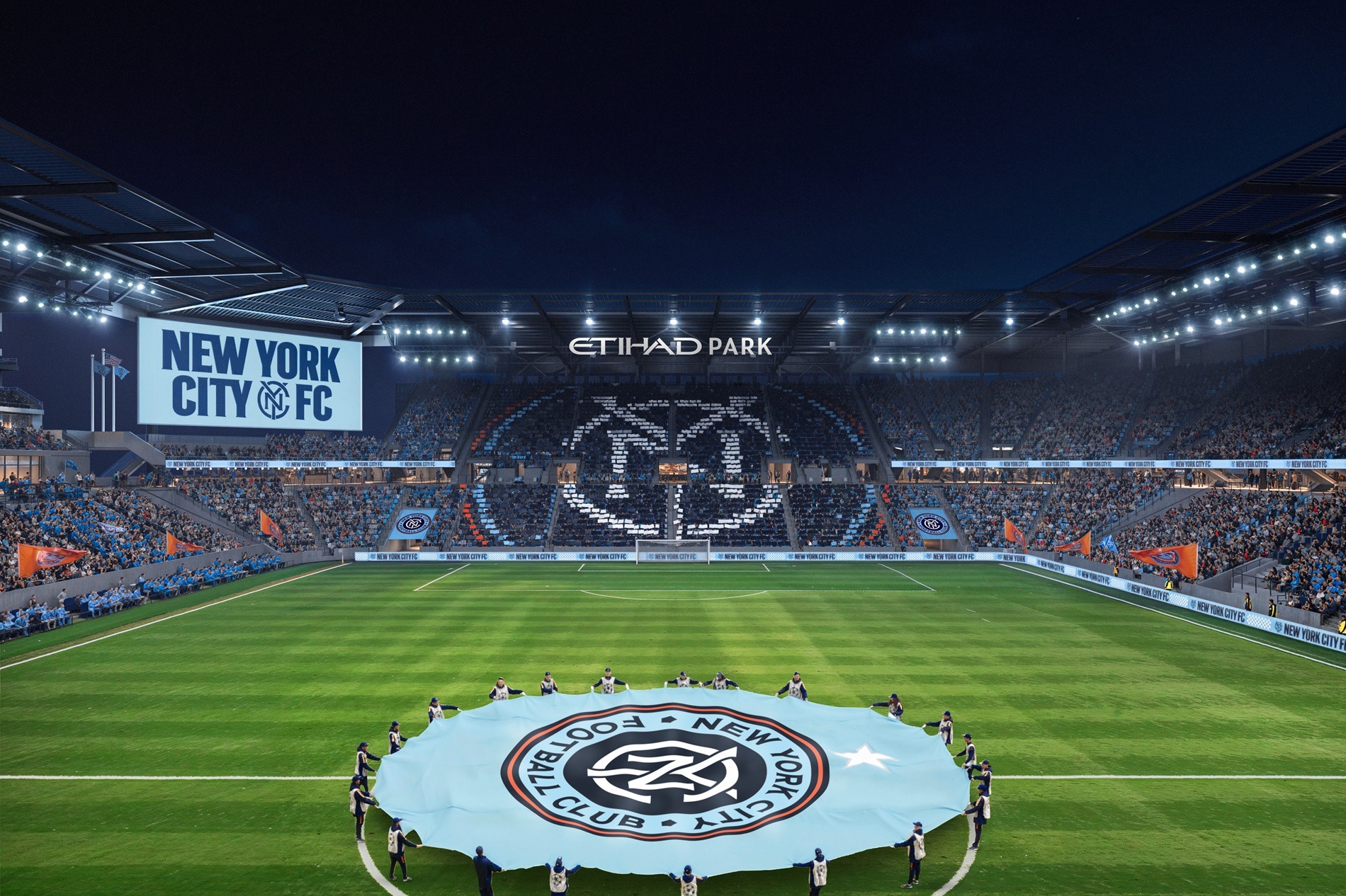 Rendering of the soccer pitch at the HOK-designed Etihad Park, home of the New York City Football Club.