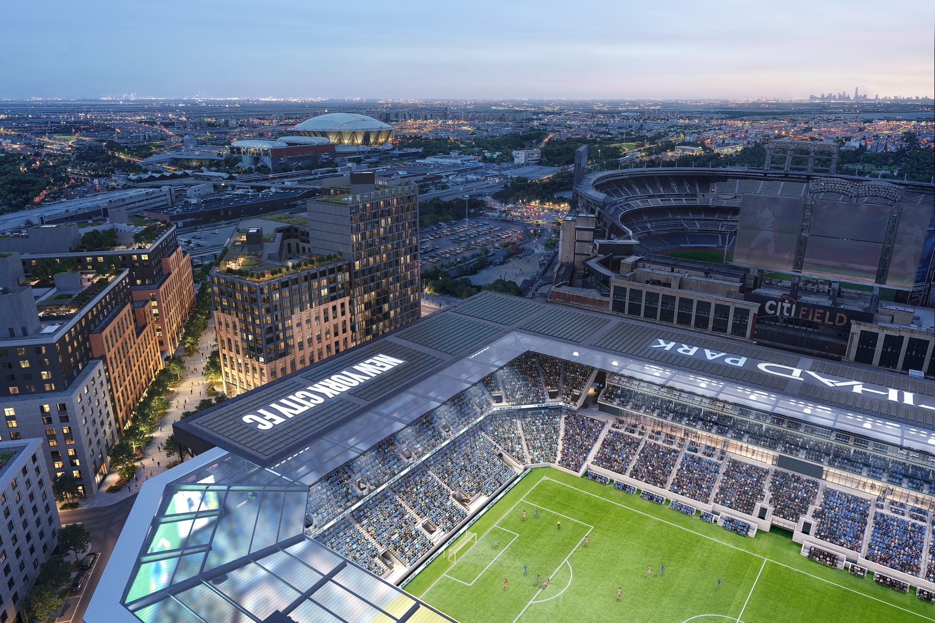 Aerial rendering of the HOK-designed Etihad Park, future home of the New York City Football Club