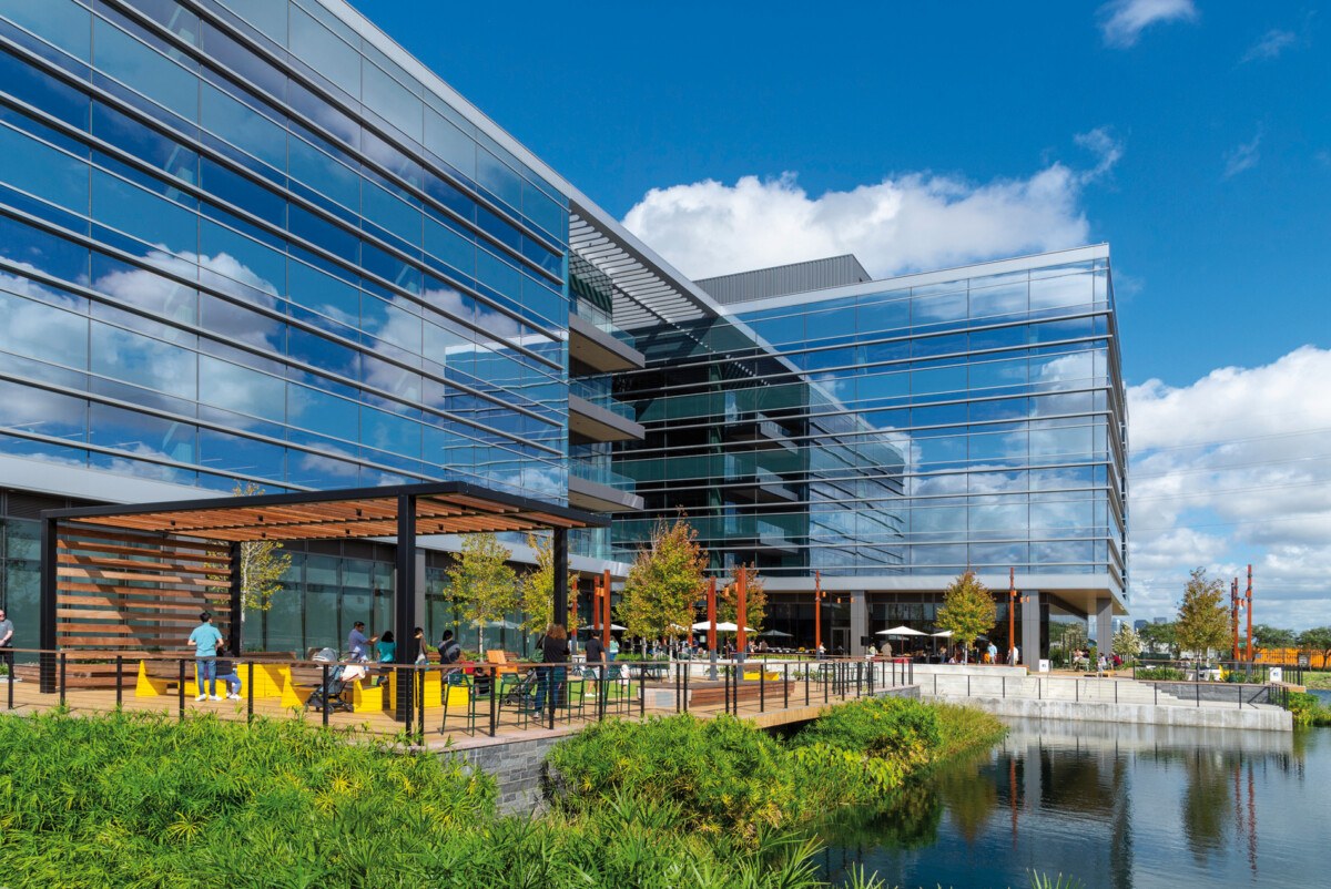 Paths, planting, and café terraces at Hines' Levit Green life sciences hub in Houston.