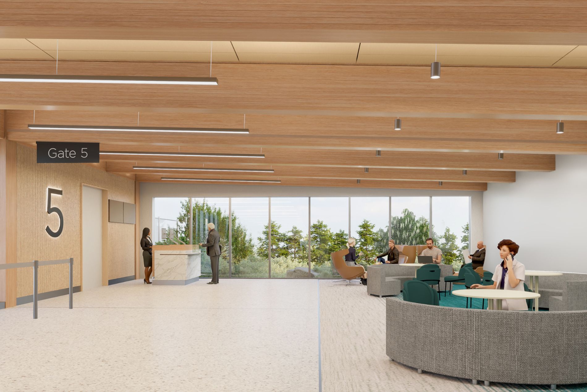 Gate 5 interior rendering at the new Monterey Airport design by HOK