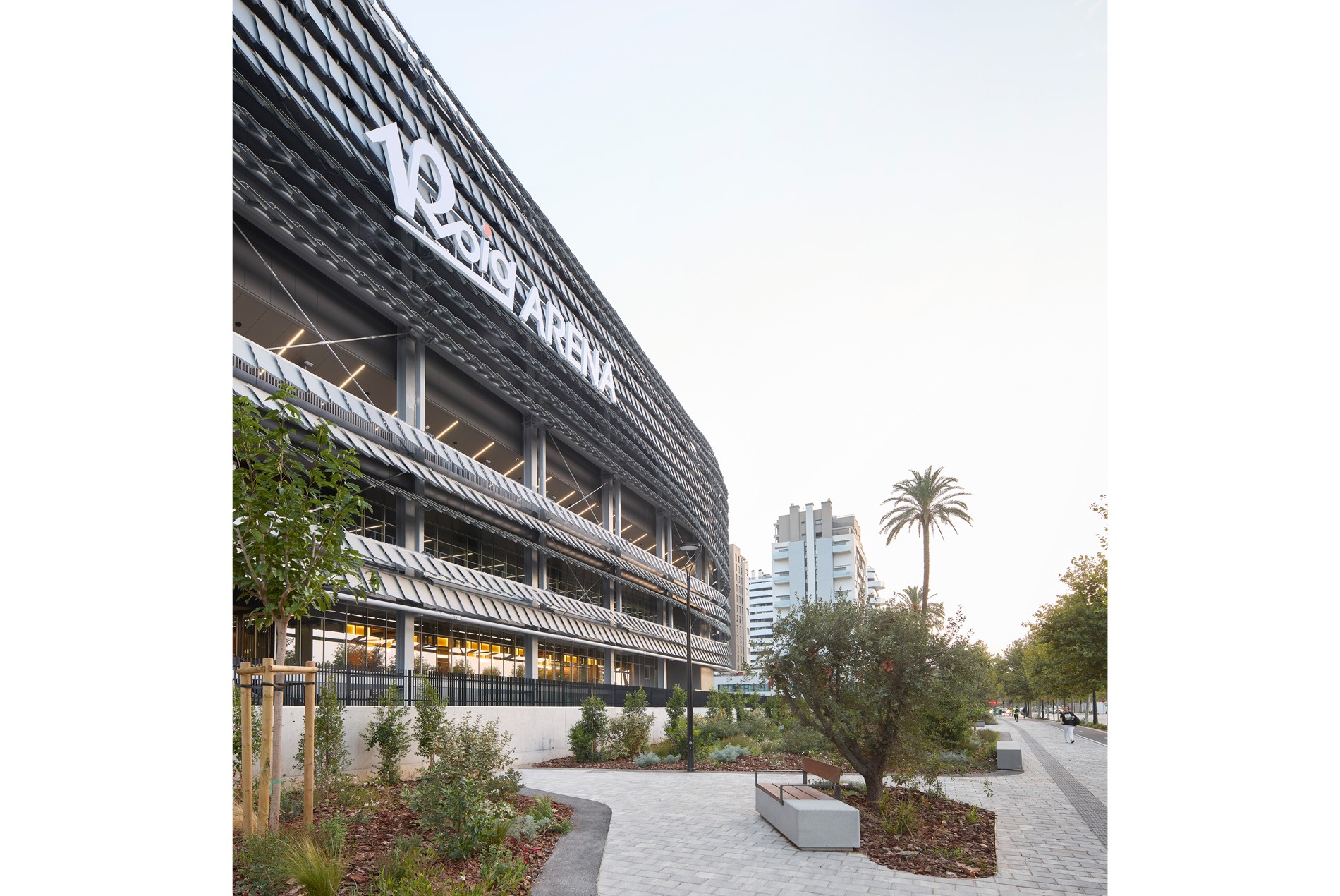 Exterior shot of Roig Arena and pedestrian pathways outside of the arena