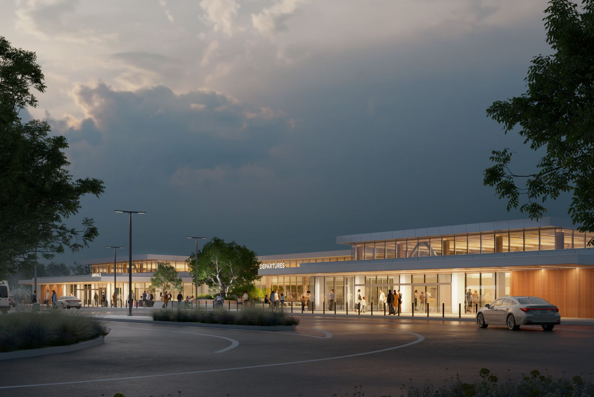 Nighttime arrival rendering of the new Monterey Airport design by HOK
