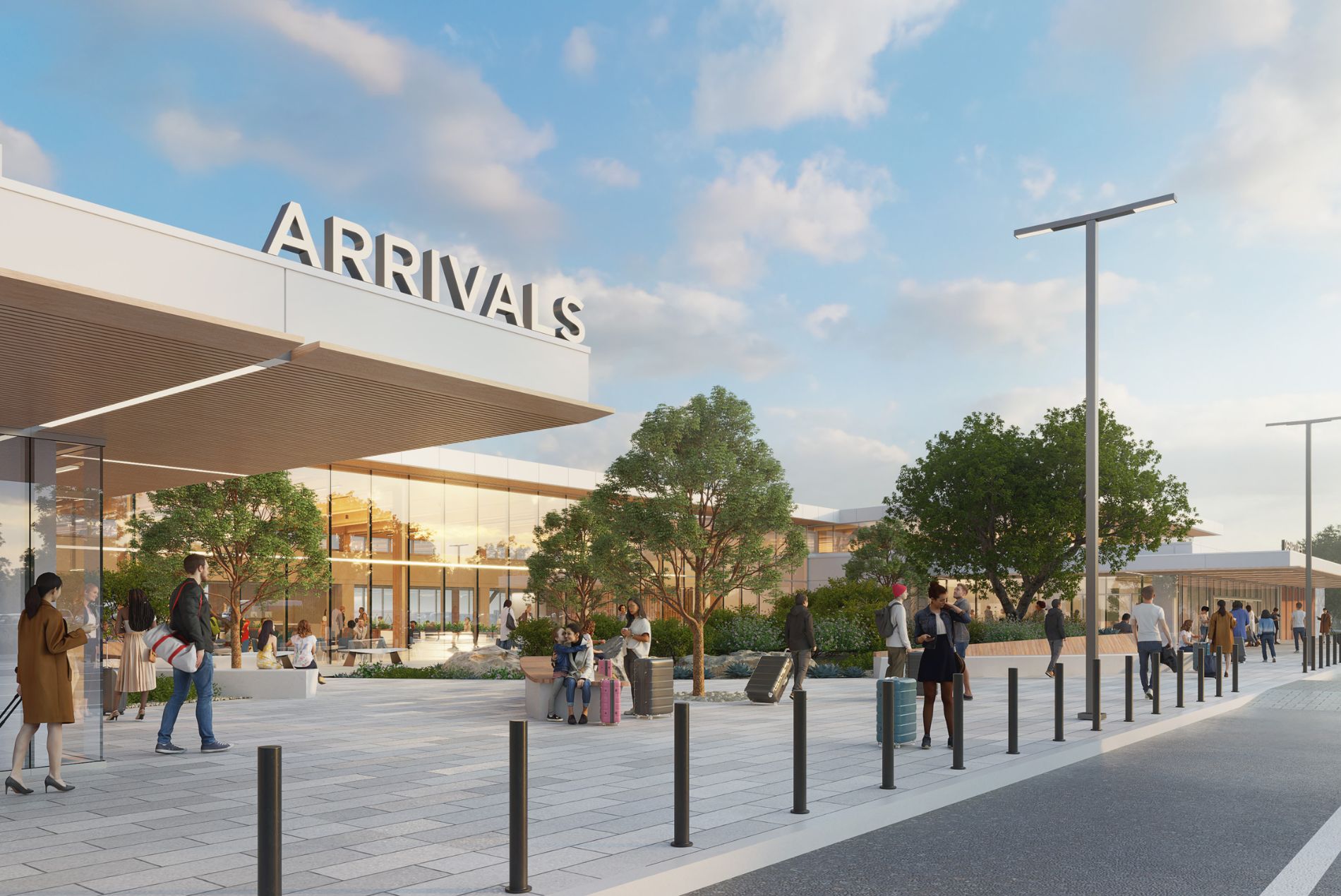 Exterior rendering of the entrance to arrivals space at the new Monterey Airport design by HOK