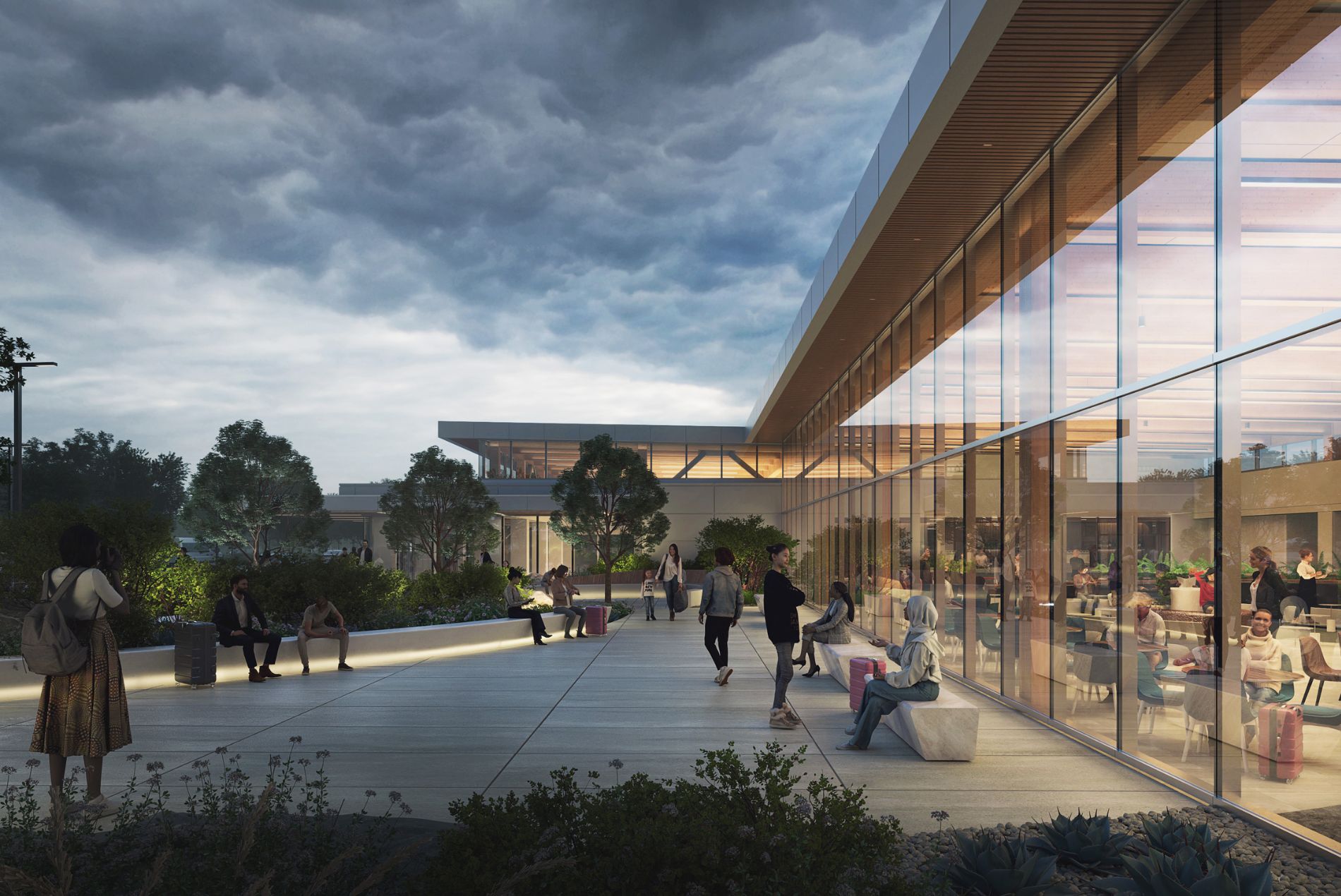 Landscaped public plaza at the Monterey Airport design by HOK