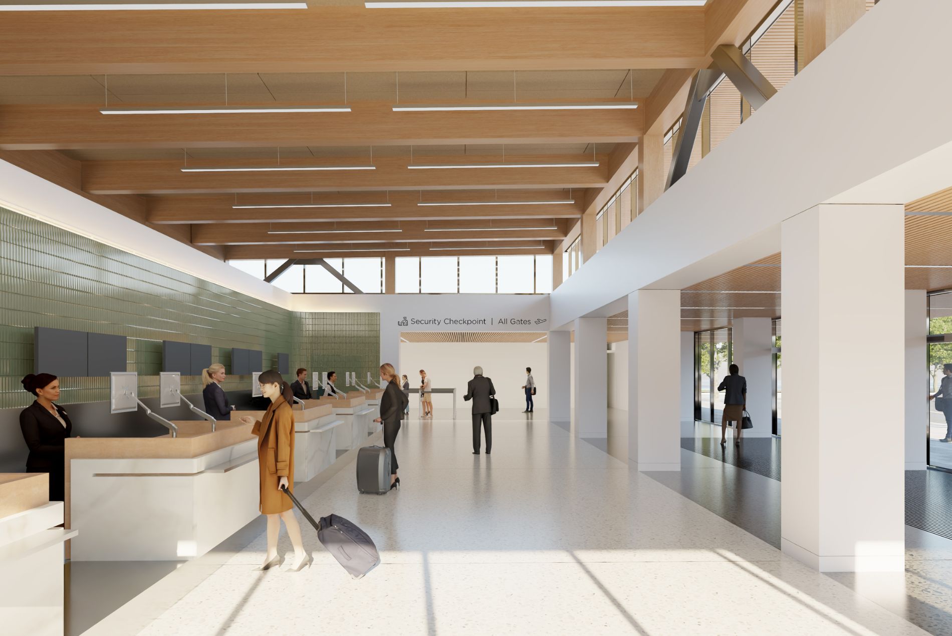 Ticketing view rendering inside the new Monterey Airport design by HOK