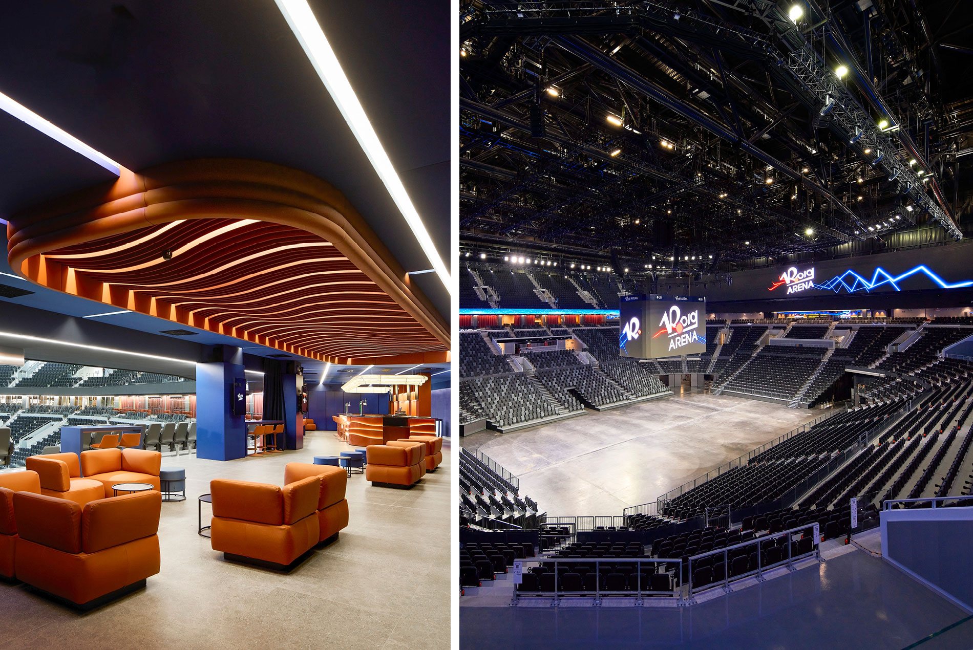 Collage of Roig Arena lounge space and the seating bowl