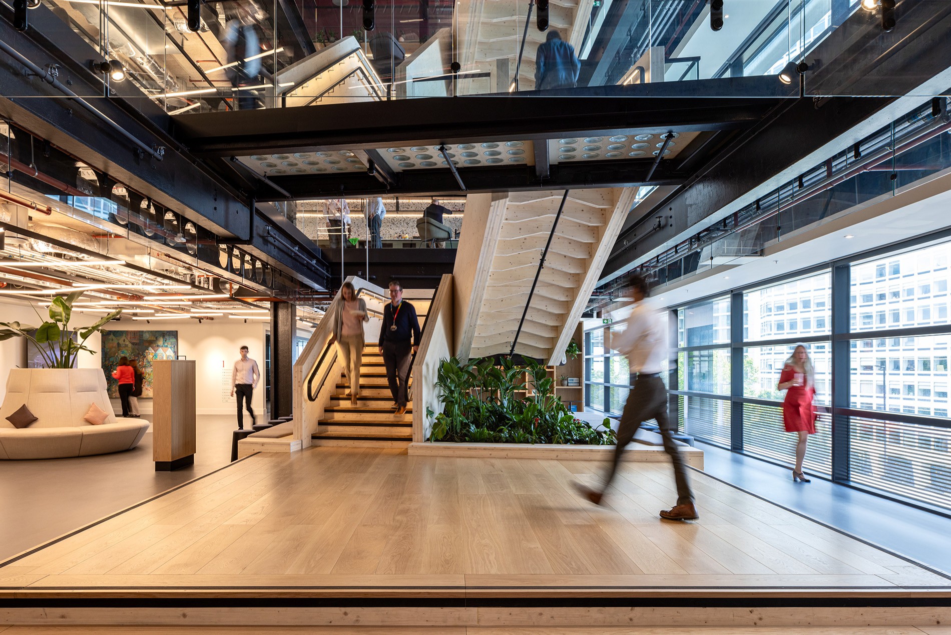 Timber stairwell and circulation at the Arup Office at One Centenary Way in Birmingham, UK designed by HOK