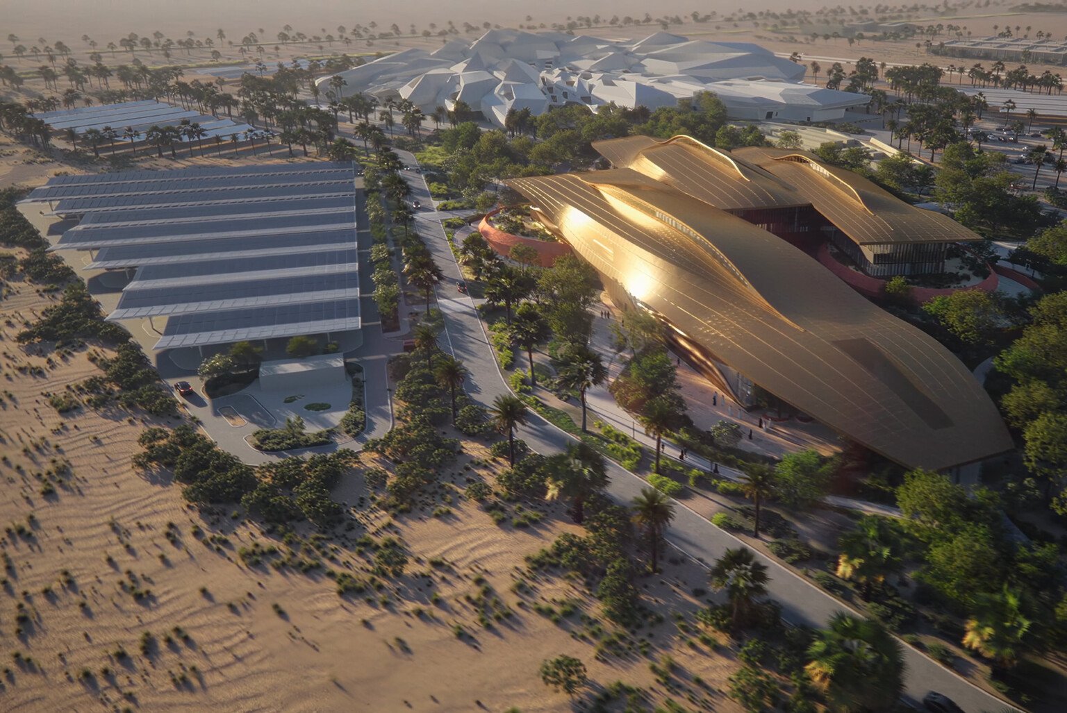 Solar parking canopies and aerial view of the KAPSARC School of Public Policy Riyadh Saudi Arabia designed by HOK