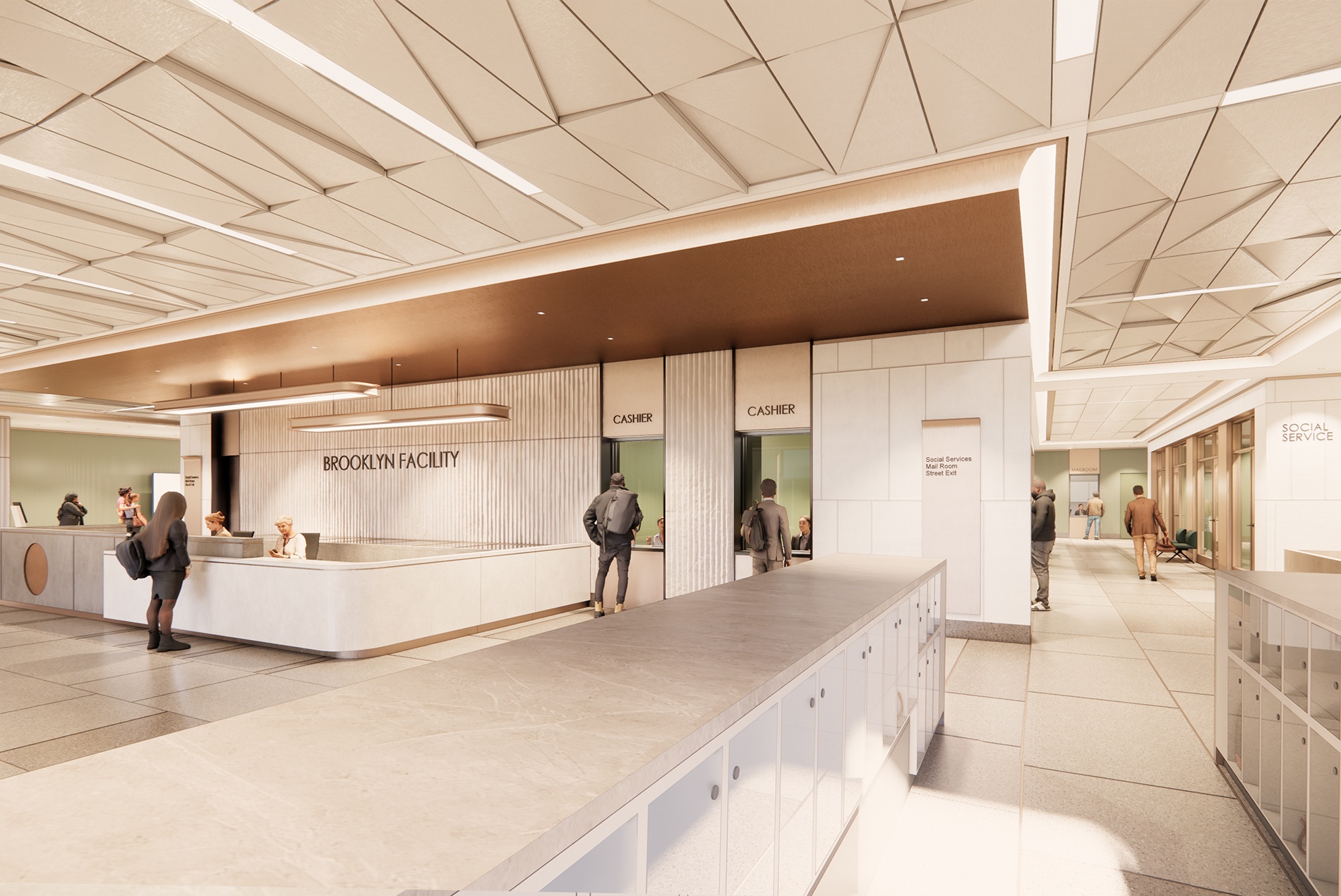 Lobby and reception desk rendering for the Borough Based Jails Brooklyn Facility designed by HOK