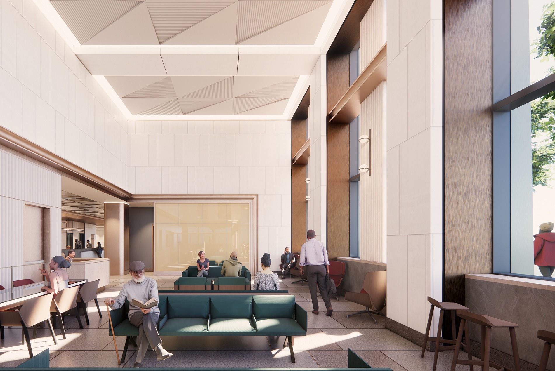 Interior lounge rendering at the Borough Based Jails Brooklyn Facility designed by HOK
