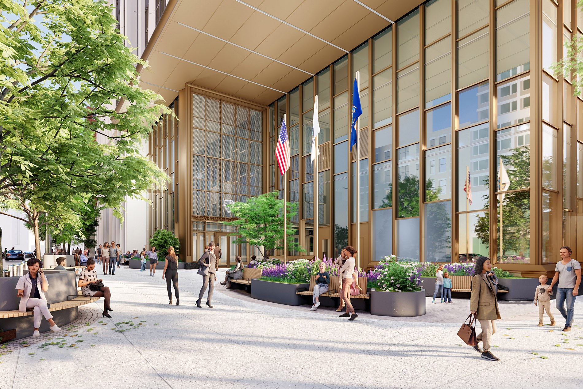 Rendering of the public plaza at the Borough Based Jails Brooklyn Facility designed by HOK