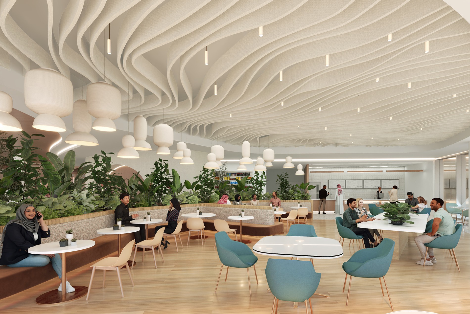 Cafeteria rendering of the KAPSARC School of Public Policy Riyadh Saudi Arabia designed by HOK