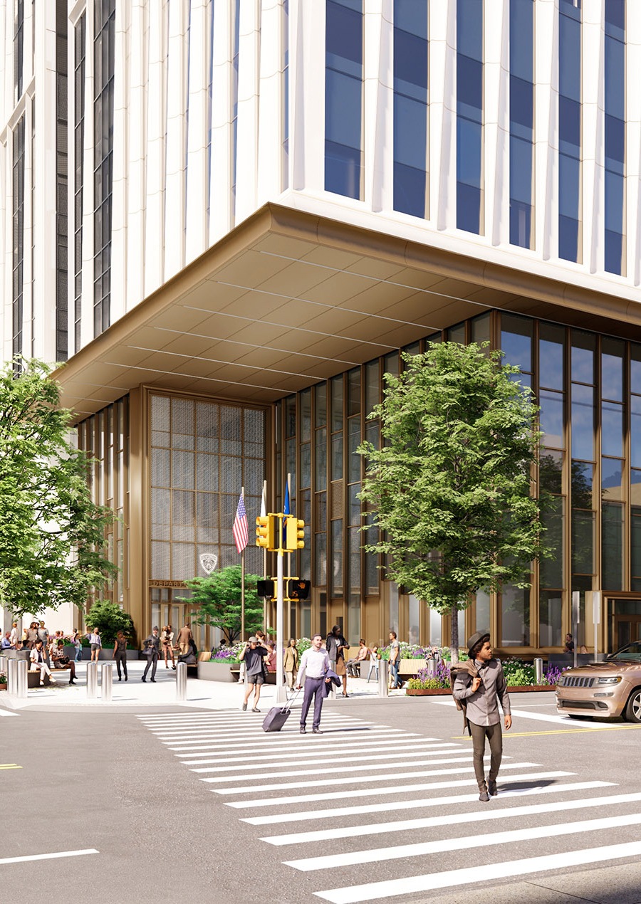 Exterior rendering of the entrance to the Borough Based Jails Brooklyn Facility designed by HOK