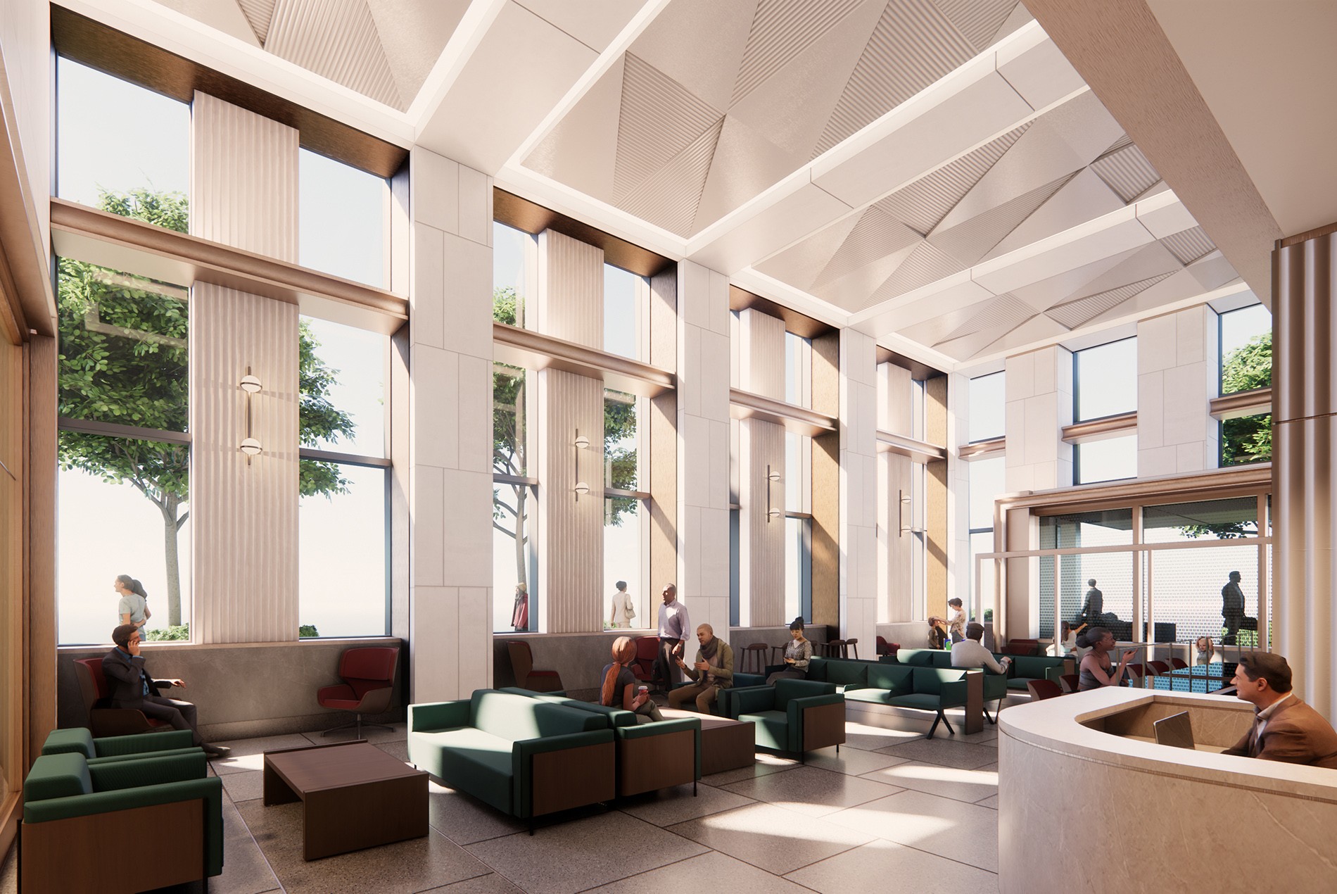 Interior rendering of the double-height lobby at the Borough Based Jails Brooklyn Facility designed by HOK