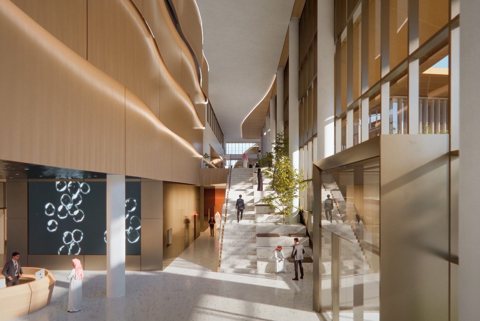 Entry hall rendering of the KAPSARC School of Public Policy Riyadh Saudi Arabia designed by HOK