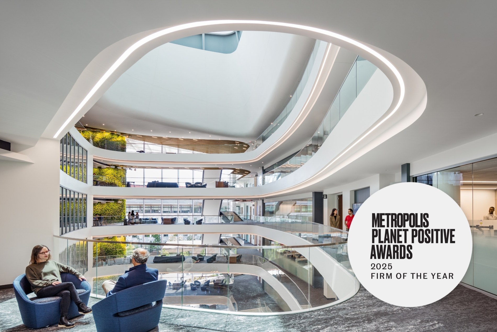 Interior image of the HOK-designed Emory University HSRB II with watermark recognizing HOK as winner of the Metropolis Magazine's Planet Positive Firm of the Year.