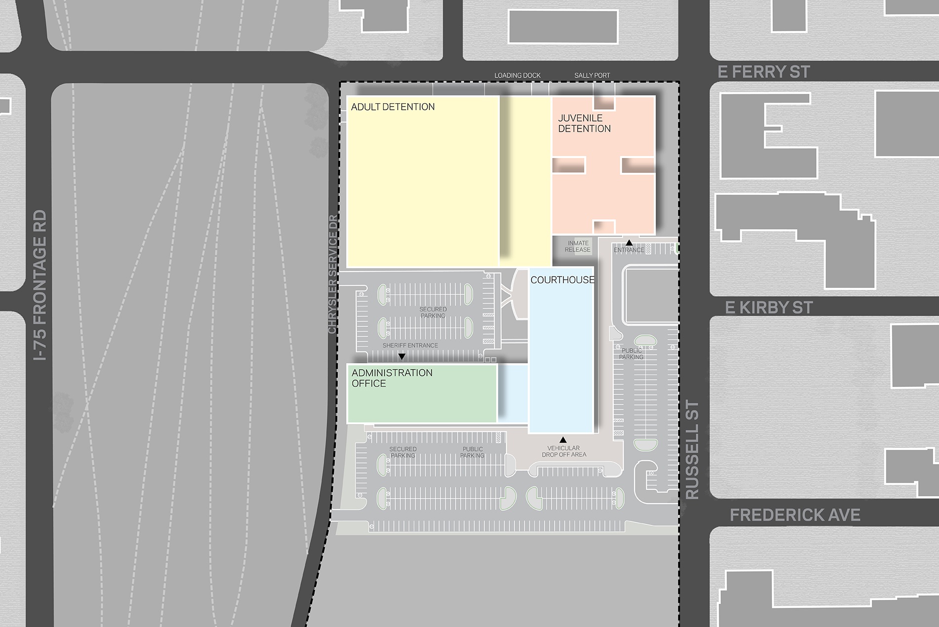 Site plan of the Wayne County Criminal Justice Center site plan preserving Detroit's street grid