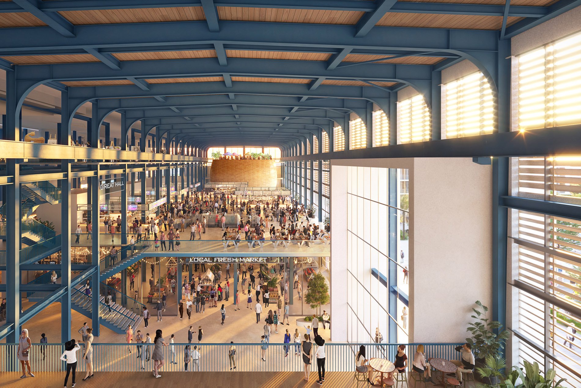 Rendering of the Great Hall and food court at Big Blue @ Three Corners Vero Beach design by HOK