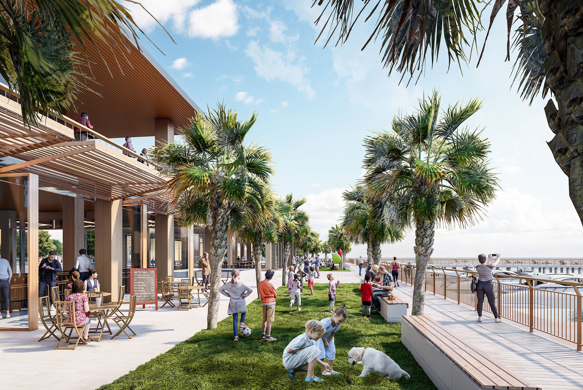 Rendering of active, shaded boardwalks at Big Blue @ Three Corners Vero Beach design by HOK
