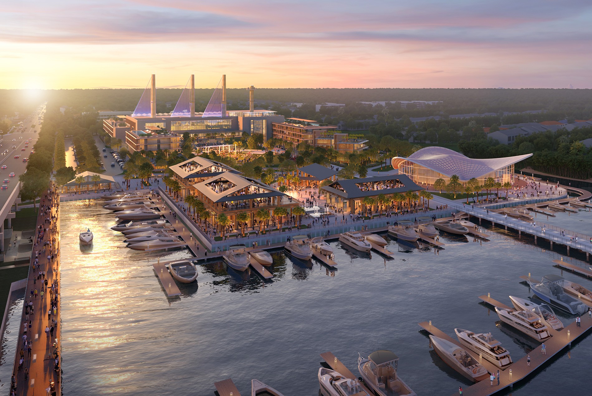 Dusk aerial rendering of Big Blue @ Three Corners Vero Beach design by HOK