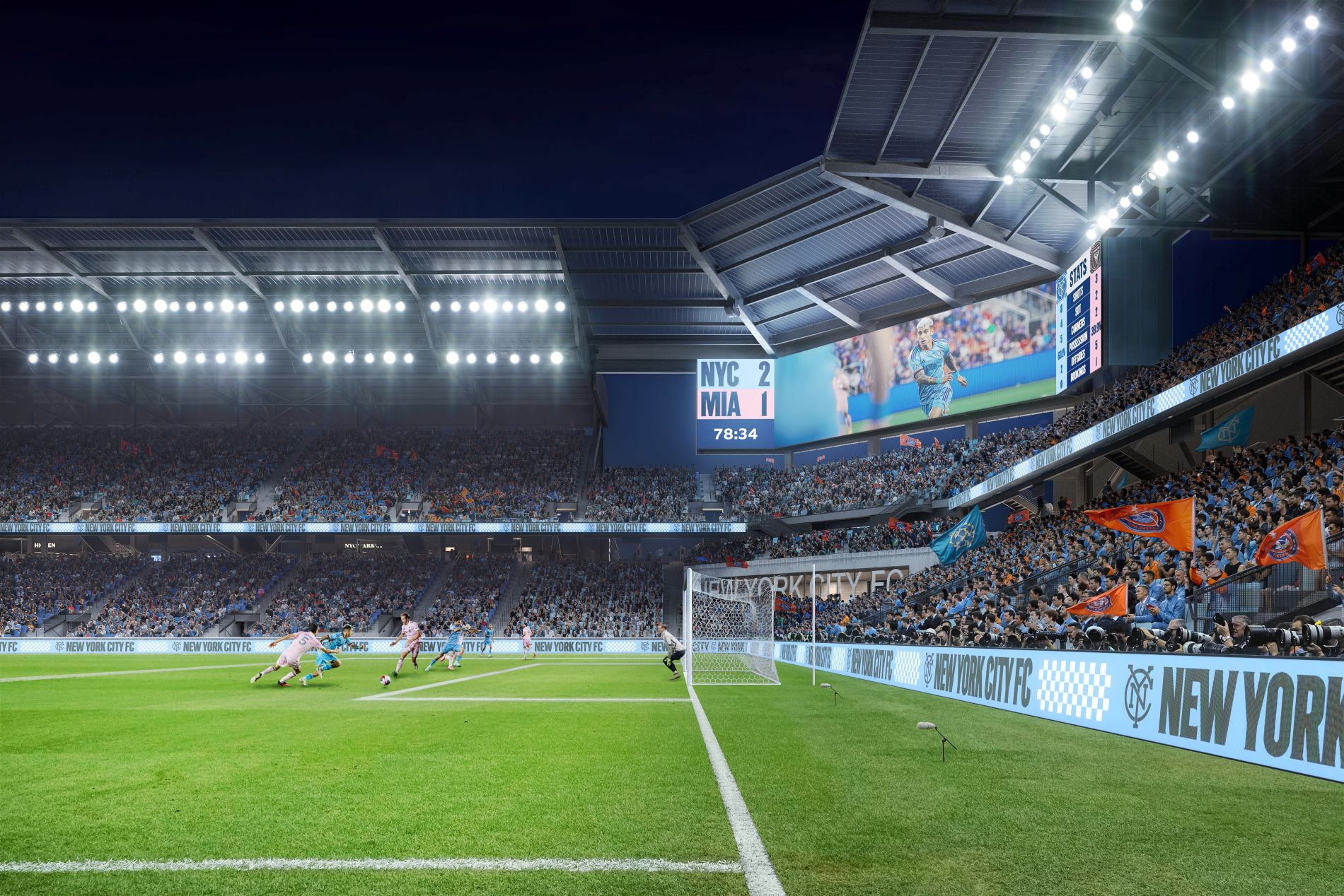 Rendering of the soccer pitch at the HOK-designed Etihad Park, home of the New York City Football Club.