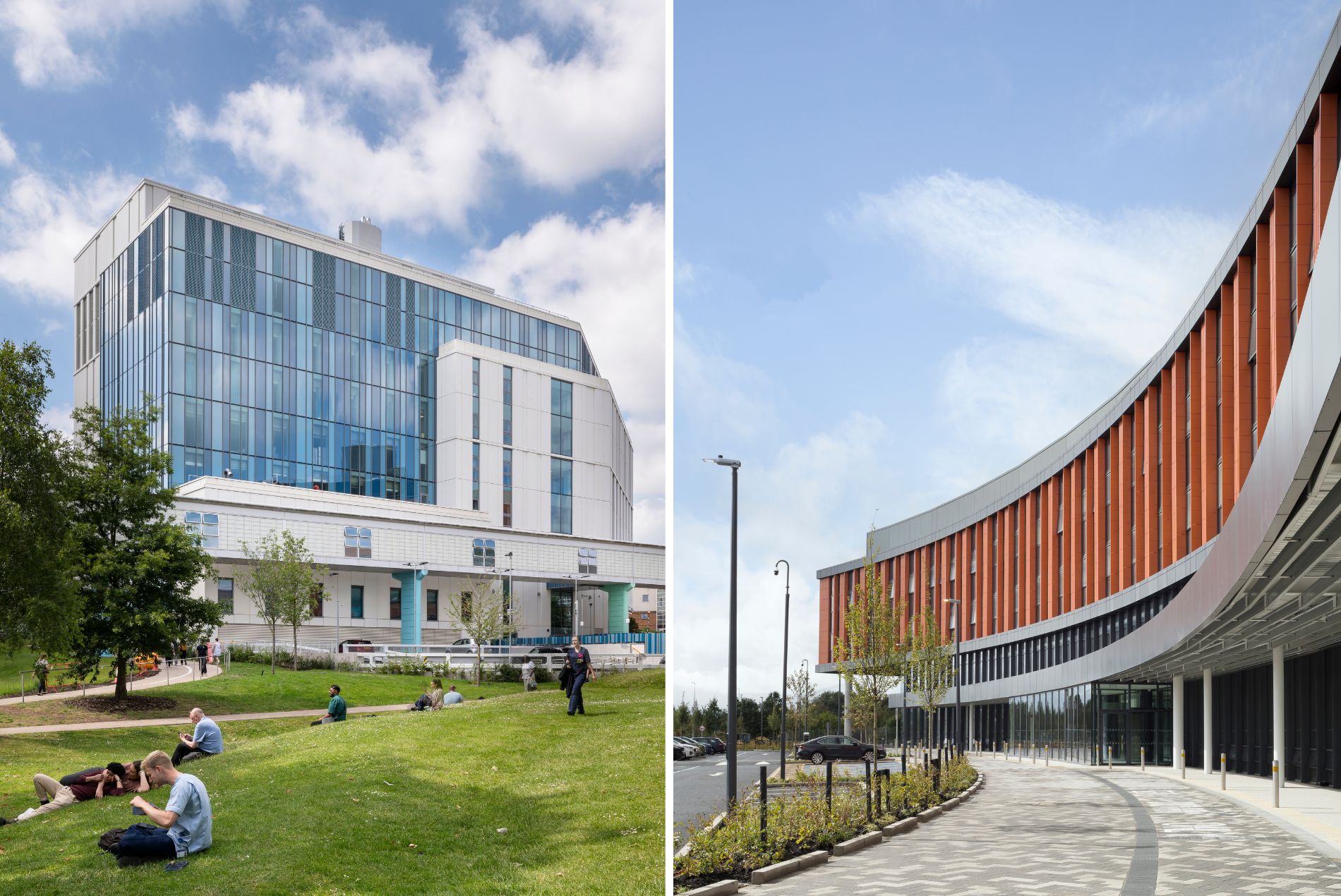 Split image of the HOK-designed Hawborne Hospital in Birmingham, UK and the Bon Secours Hospital in Limerick, Ireland