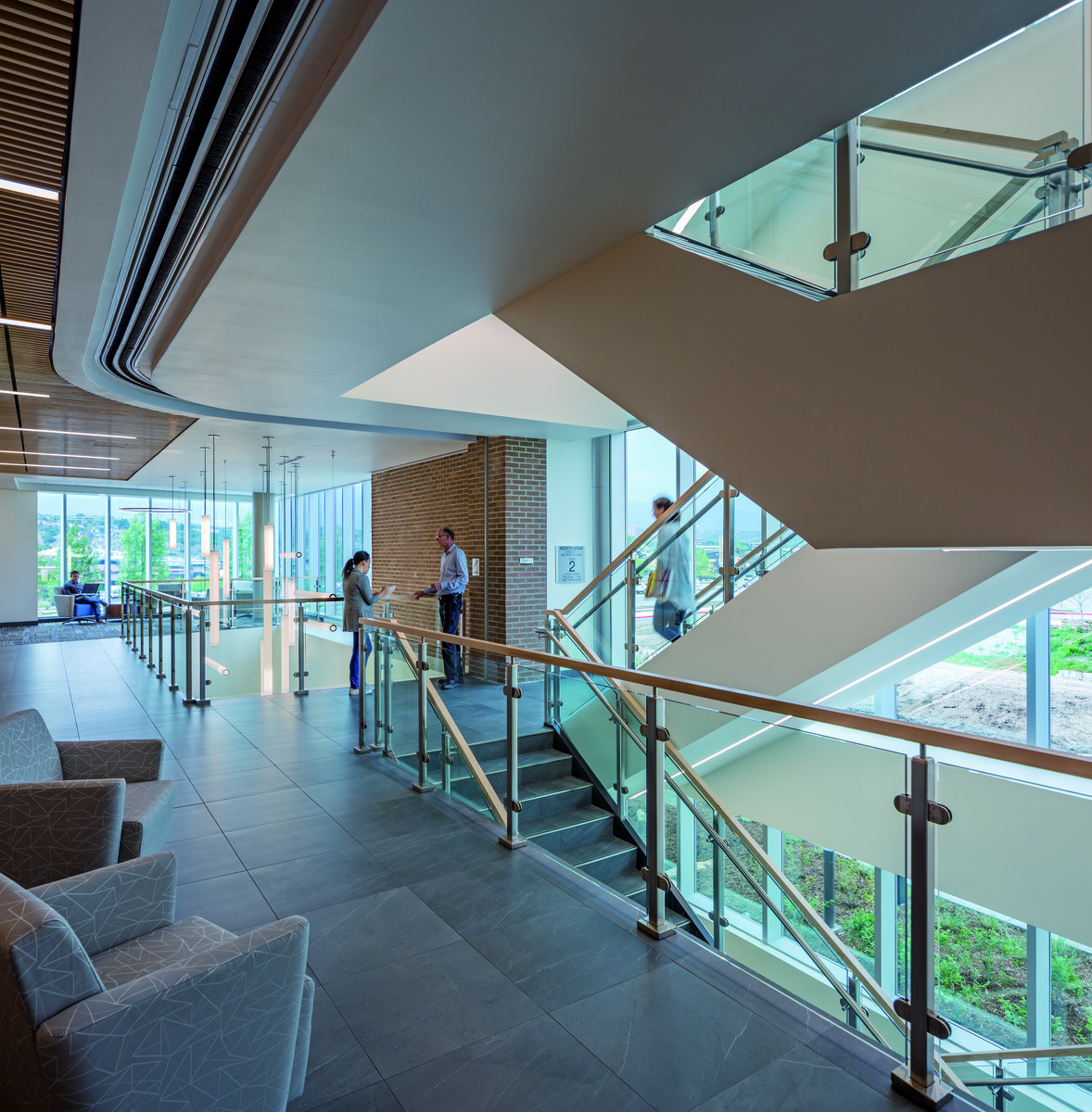 Hallway and stairwell inside the University of Colorado-Colorado Springs Hybl Sports Performance facility.