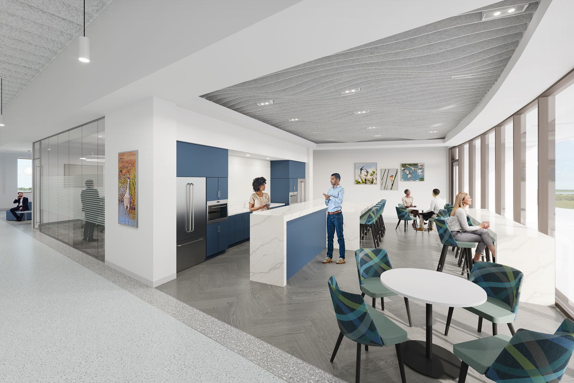 Rendering of Sarasota County's new administration building (designed by HOK and now under construction). Image shows a shared breakroom where staff from across departments can connect and collaborate. Panoramic views of an adjacent nature area promote employee well-being.