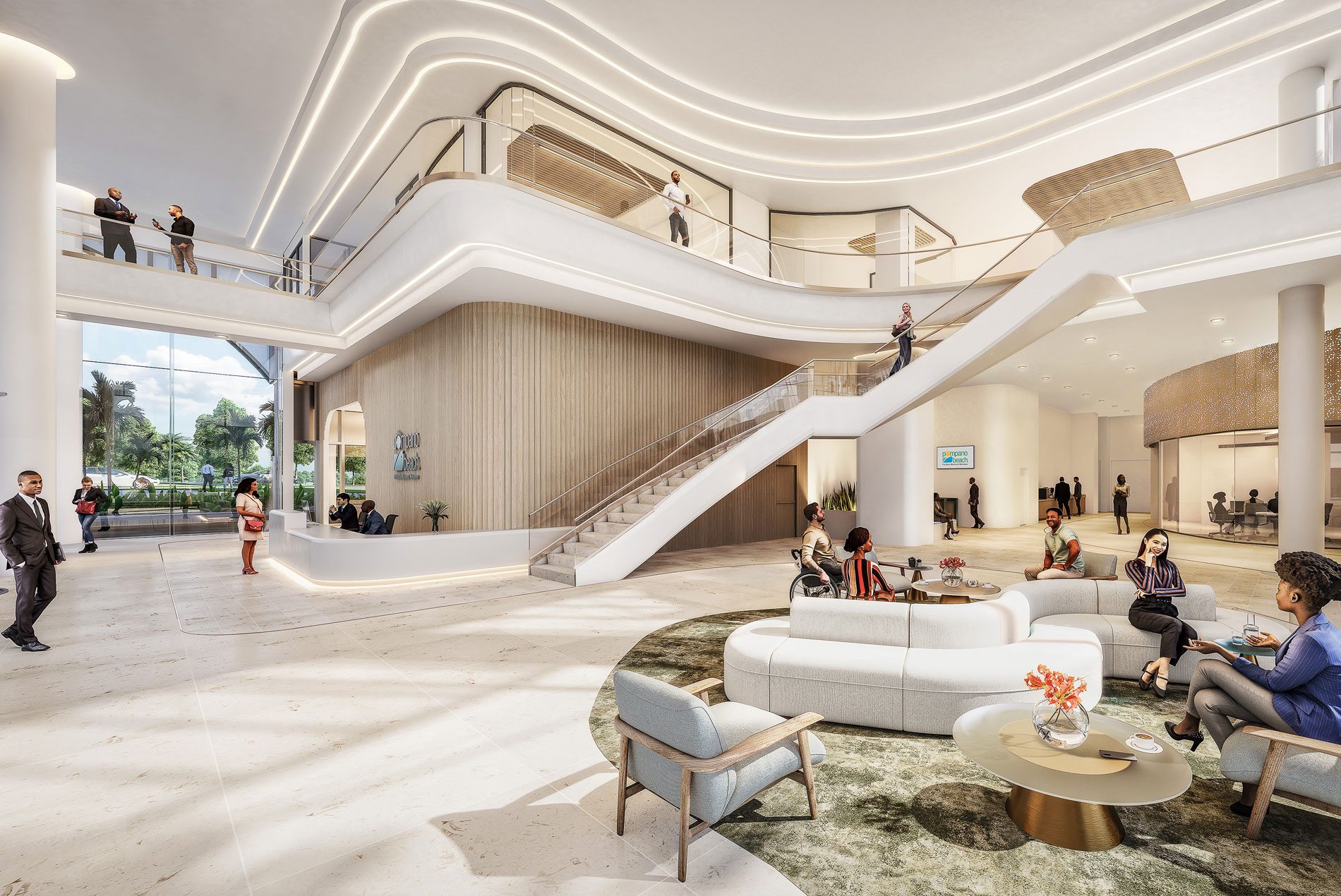 Interior lobby rendering of Pompano Beach new City Hall designed by HOK.