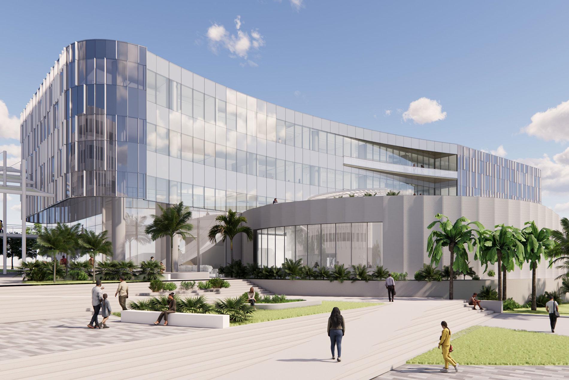Exterior rendering of Pompano Beach’s new city hall designed by HOK. The city hall includes a large public plaza that can accommodate community events and a council chamber that can host private events..
