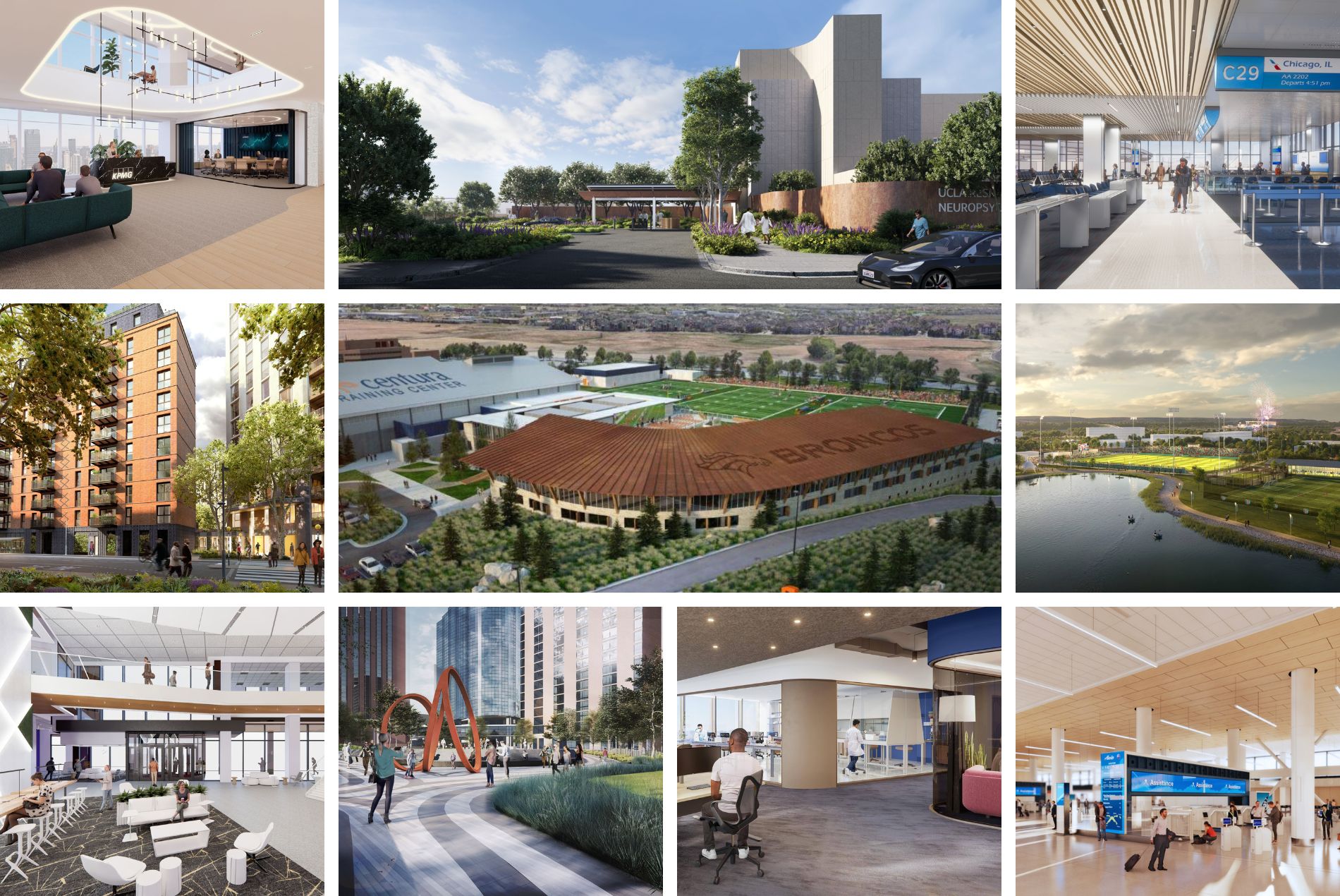 image collage of renderings showing HOK-designed projects scheduled to open in 2026