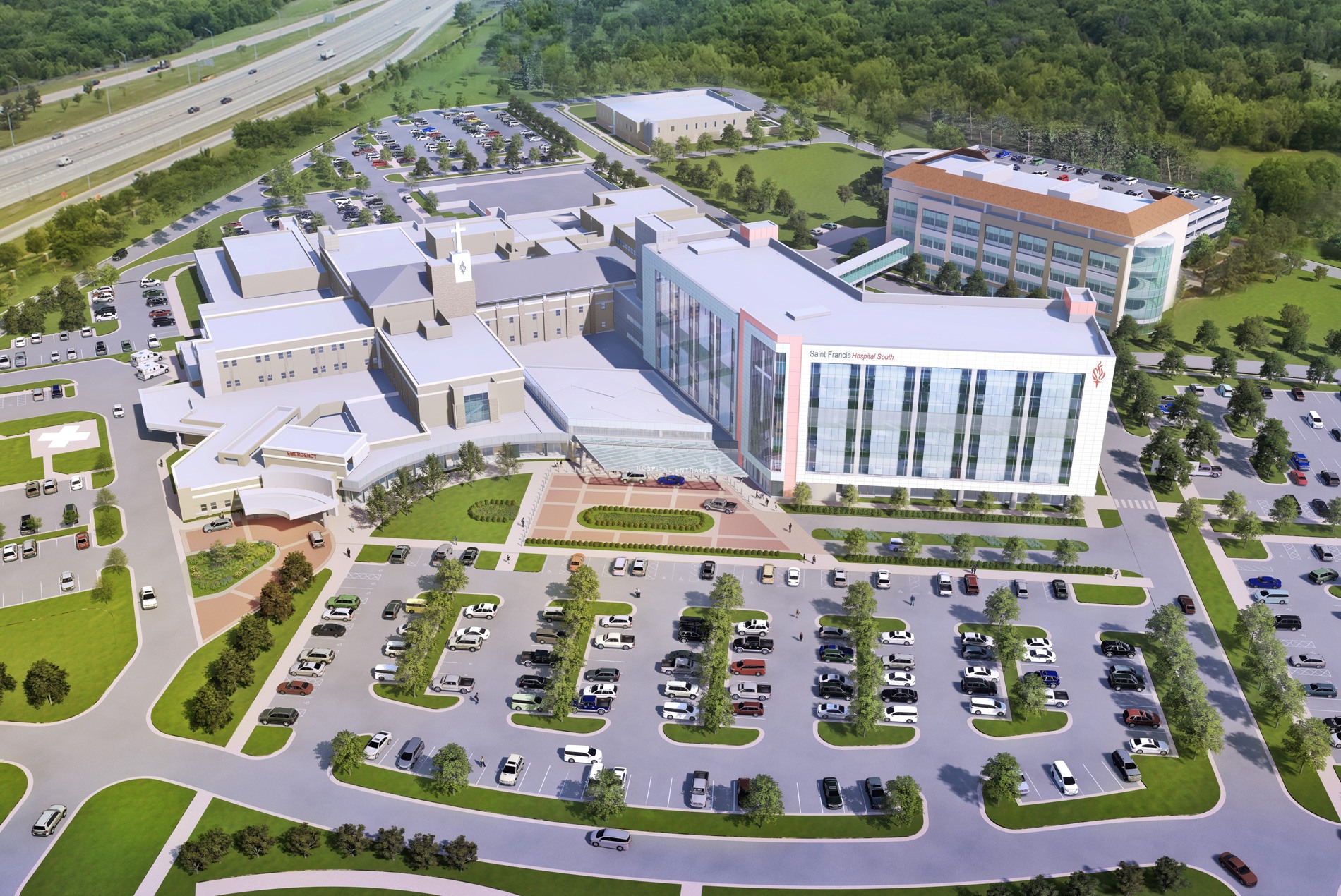 Aerial rendering of the new Saint Francis Hospital South Tower in Oklahoma.
