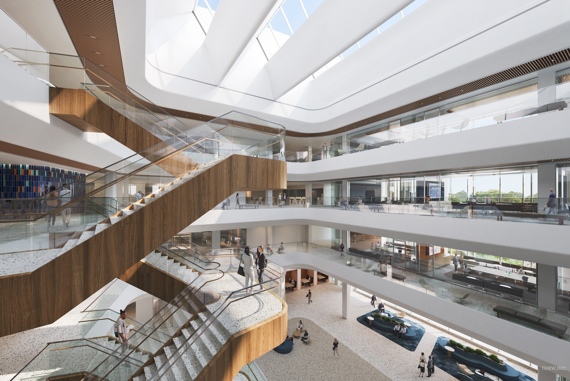 New York Public Health Lab interior lobby rendering with stairwell during the day