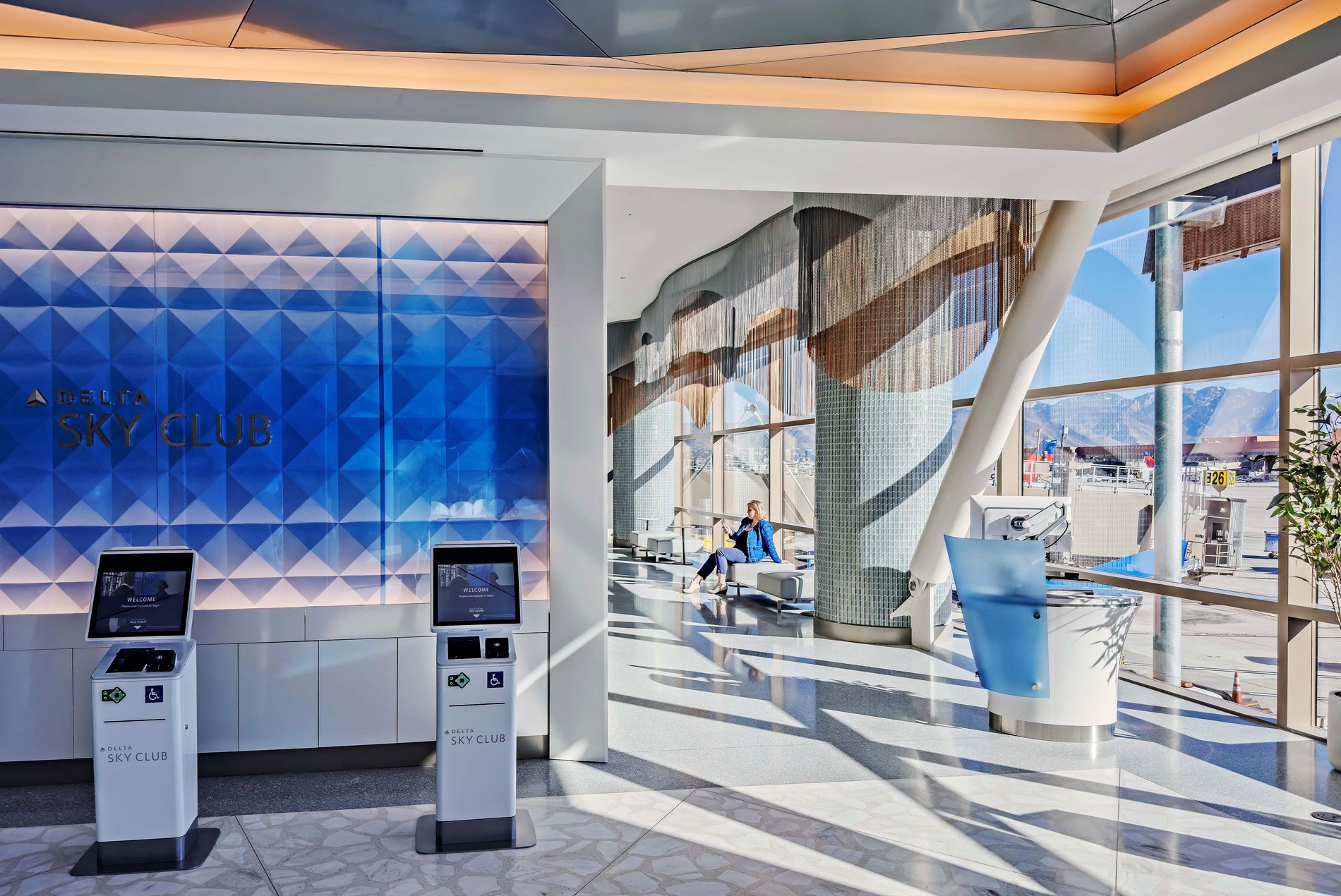 Park City-inspired arrival space for the new Delta Sky Club in Salt Lake City International Airport's concourse B.