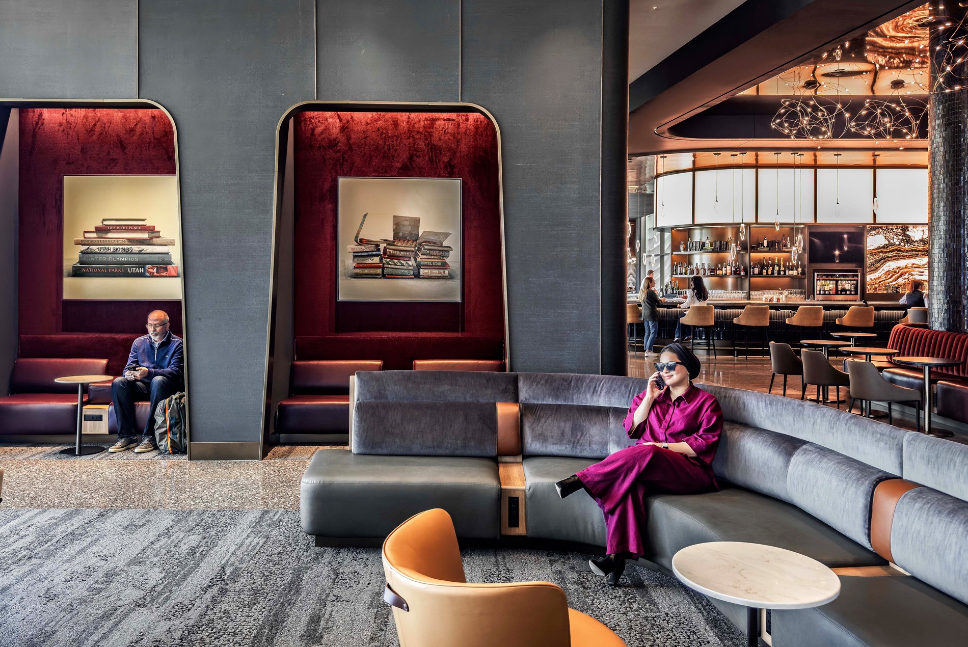 Various lounge seating options in the new Delta Sky Club in Salt Lake City International Airport's concourse B.