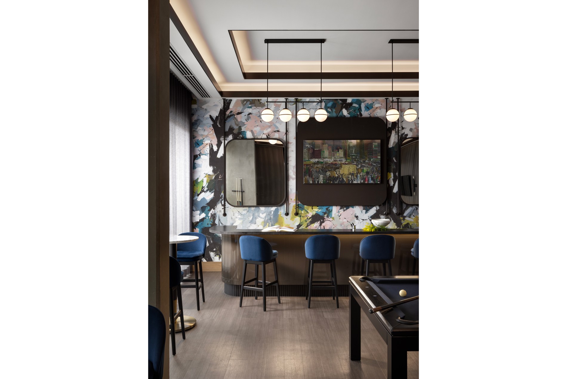 Bar and lounge social space designed by HOK at The Parks in Edmonton, Alberta