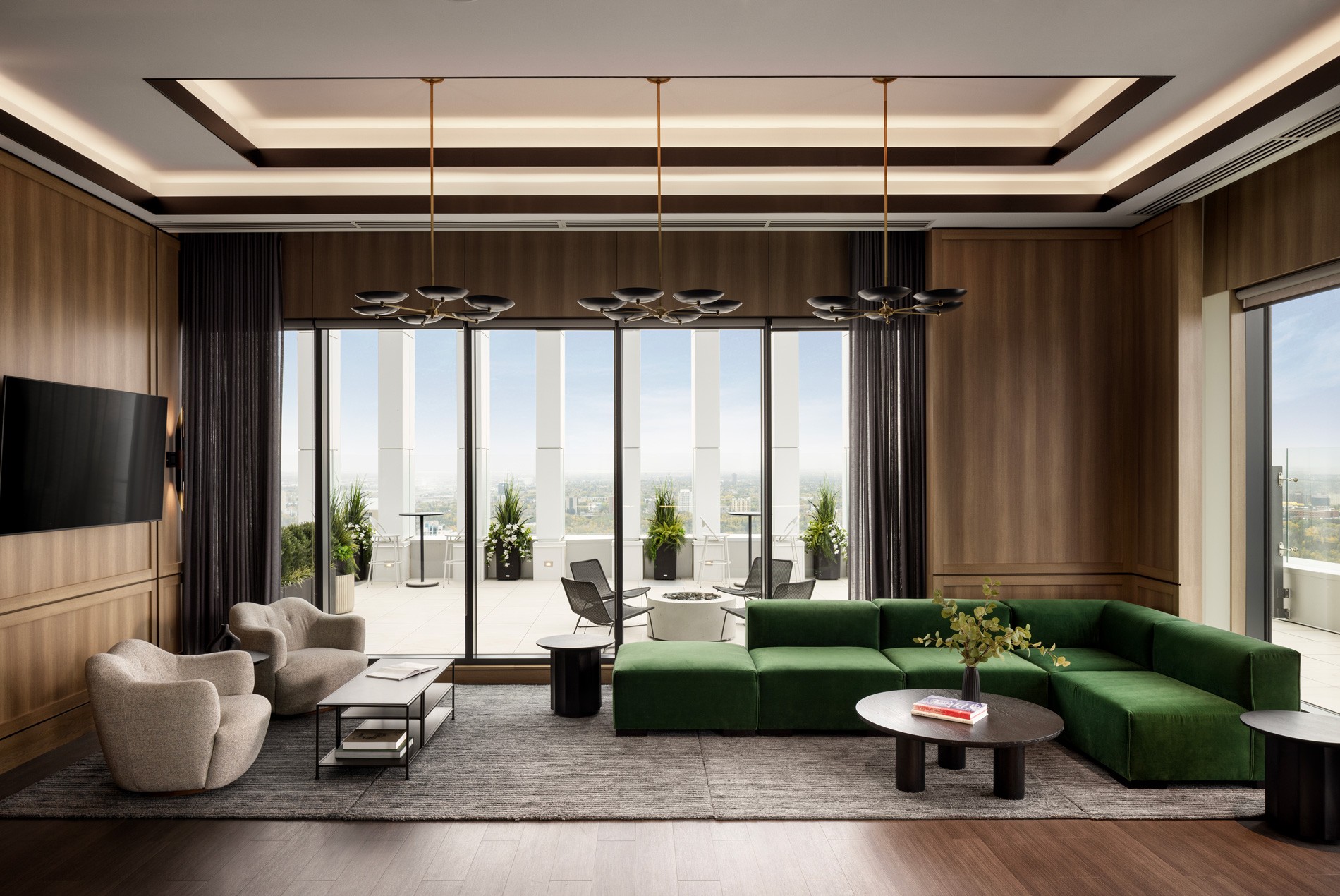 Lounge social space and rooftop patio designed by HOK at The Parks in Edmonton, Alberta