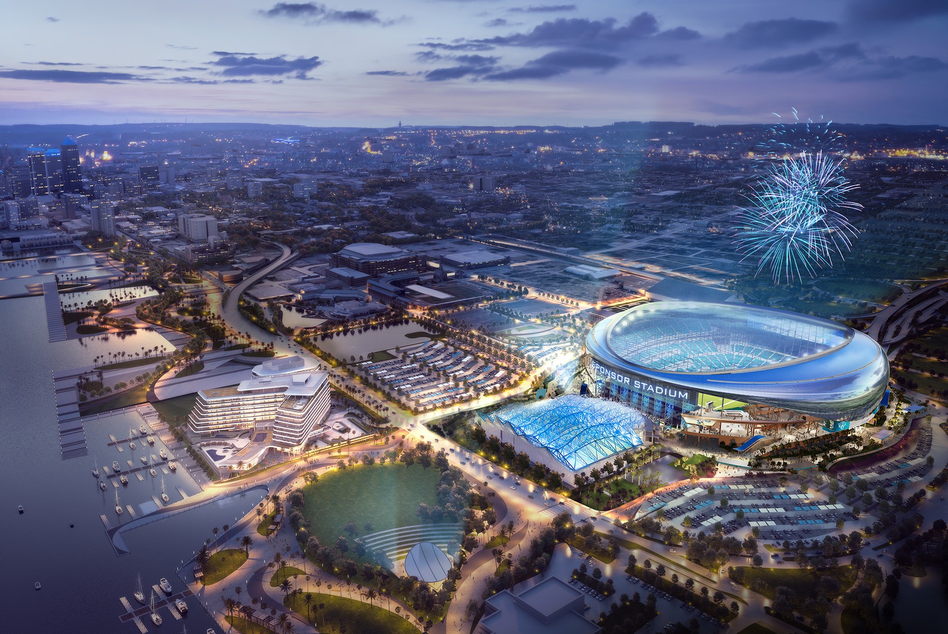 Aerial rendering of EverBank Stadium, the NFL Jacksonville Jaguars stadium of the future designed by HOK