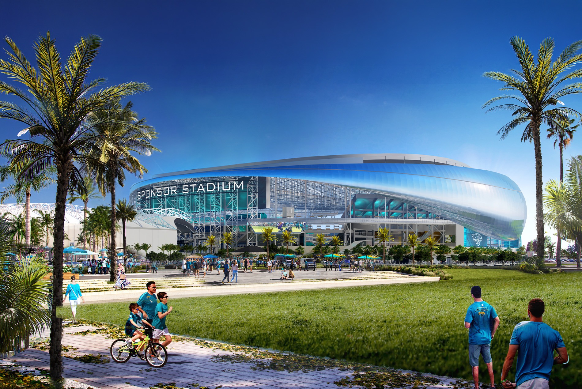 Daytime exterior rendering of the NFL Jacksonville Jaguars' Stadium of the Future designed by HOK with children riding bikes, greenery and EverBank Stadium in the background