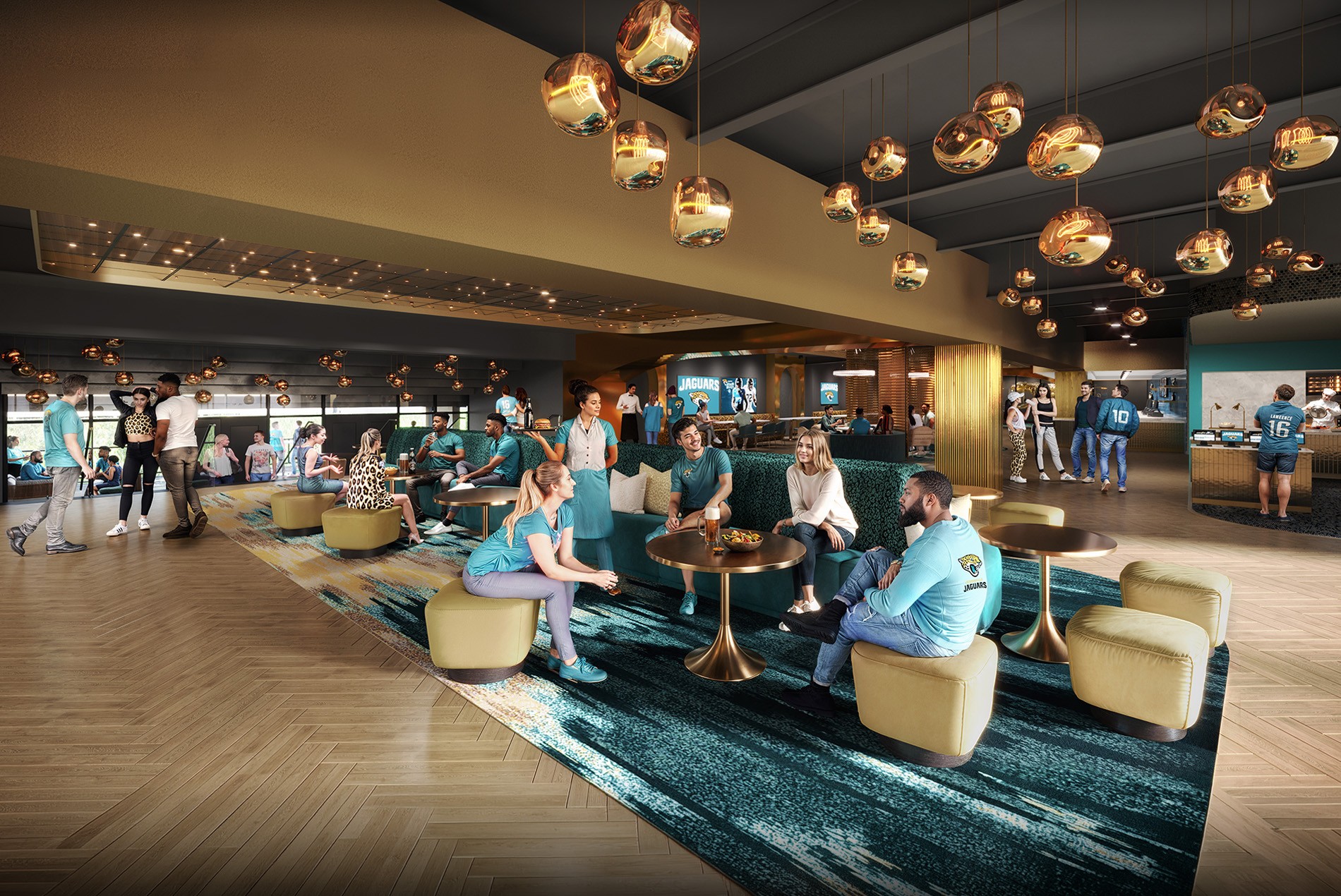 Interior rendering of a suite and bar space at the NFL Jacksonville Jaguars' Stadium of the Future, designed by HOK.